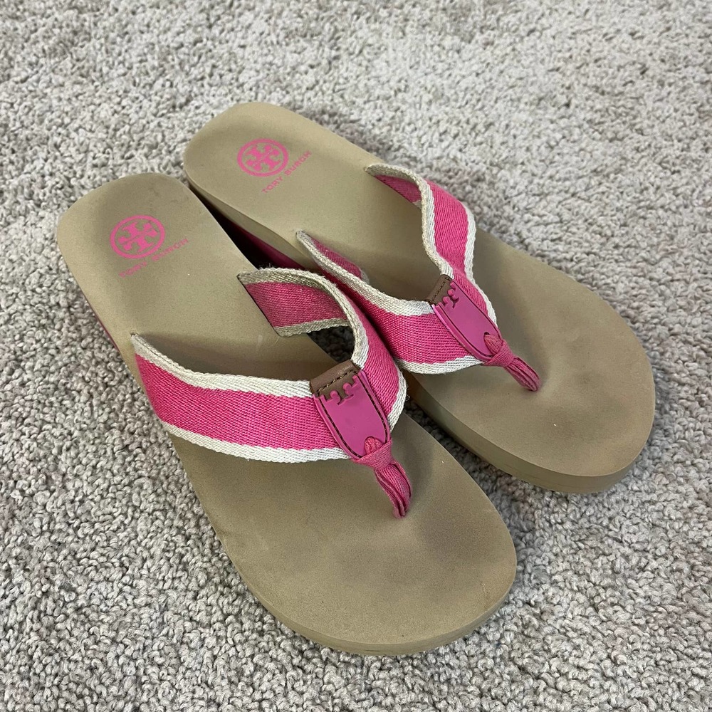 Tory Burch Pink & tan platform wedge flip flop sandals